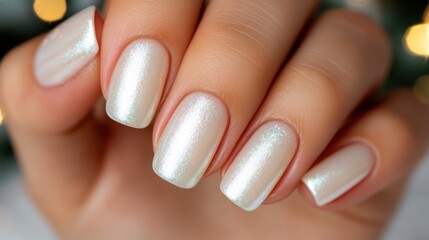 This image showcases a close-up of beautifully manicured nails featuring an iridescent finish, perfect for special occasions or elegant looks.
