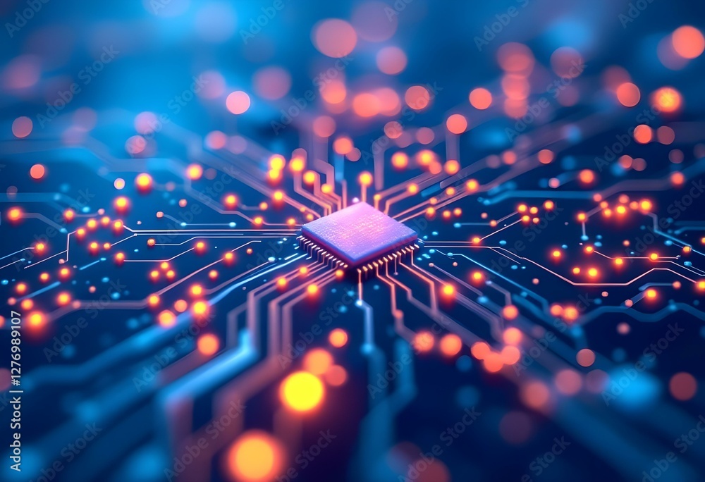 Poster microprocessor chip on glowing blue circuit board with orange light paths. digital technology concep