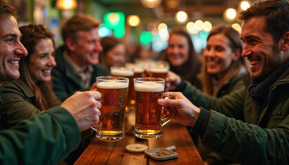 Friends toasting beer mugs in a lively pub setting