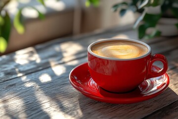 Warm coffee in a bright red cup rests on a weathered wooden table surrounded by green plants in a cozy space