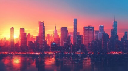 Fototapeta premium Vibrant sunset over city skyline with reflective water and skyscrapers