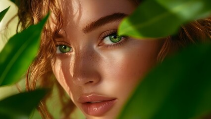 A close-up portrait of a person with curly hair and striking green eyes, partially obscured by green leaves. Concept Close-Up Portrait, Curly Hair, Striking Green Eyes, Nature-Inspired
