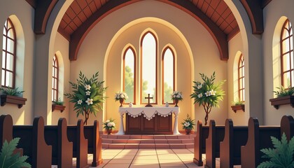Rustic wedding altar decoration in serene church setting, tranquility