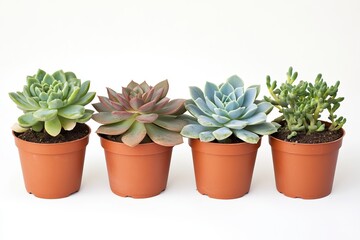 Fototapeta premium various succulent plants arranged in a neat row on a clean white background. 