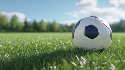 Fototapeta premium Soccer ball on grass lawn. Outdoor activity.
