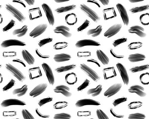 Abstract seamless pattern with black brushstrokes, circles, rectangles and dashes on a white background. The brush-drawn style adds dynamism and artistic expressiveness to the design.