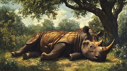 Fototapeta premium A rhinoceros resting in the shade of a tree