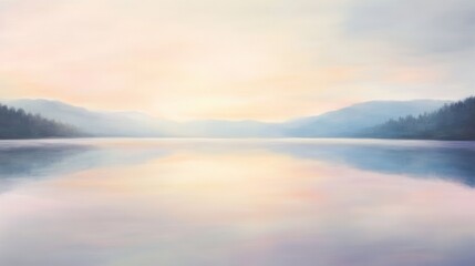 Serenity of dawn over a peaceful lake surrounded by mountains in soft pastel hues reflecting the tranquil water