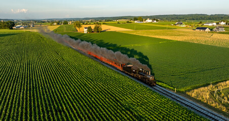 Obraz premium A vintage steam train travels along the tracks, emitting large plumes of smoke as it passes through expansive green fields. The scene is set in a tranquil rural landscape during late afternoon.