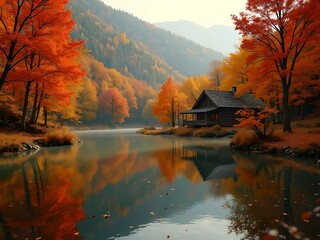Fototapeta premium autumn landscape with lake and trees