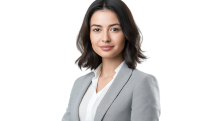 Elegant businesswoman with shoulder-length dark hair, wearing a light gray blazer over a white blouse, friendly and approachable, isolated PNG