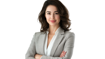 Elegant businesswoman with shoulder-length dark hair, wearing a light gray blazer over a white blouse, friendly and approachable, isolated PNG