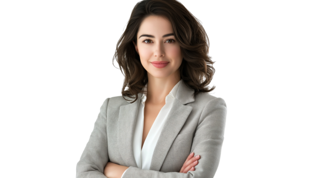 Elegant businesswoman with shoulder-length dark hair, wearing a light gray blazer over a white blouse, friendly and approachable, isolated PNG