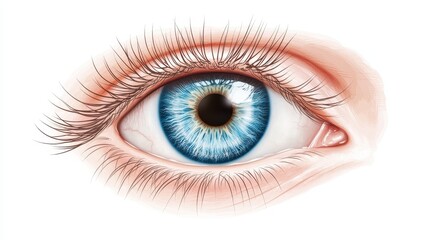 Detailed close-up of a blue human eye with long eyelashes on white background