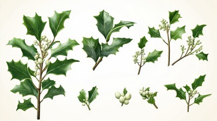 Various sprigs of holly with green leaves and white berries