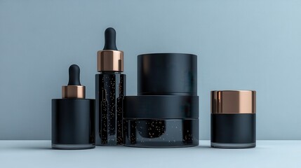 Elegant black cosmetic containers with copper accents against minimalist blue background