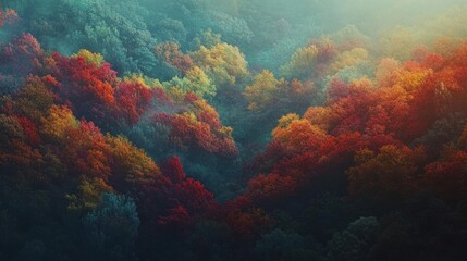 Fototapeta premium Vibrant autumn foliage displays a stunning array of colors in a serene forest landscape during the golden hour of dusk