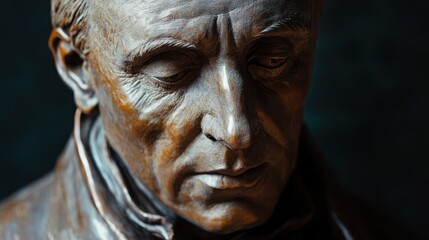 Bronze bust of thoughtful elderly man with detailed features and deep expression