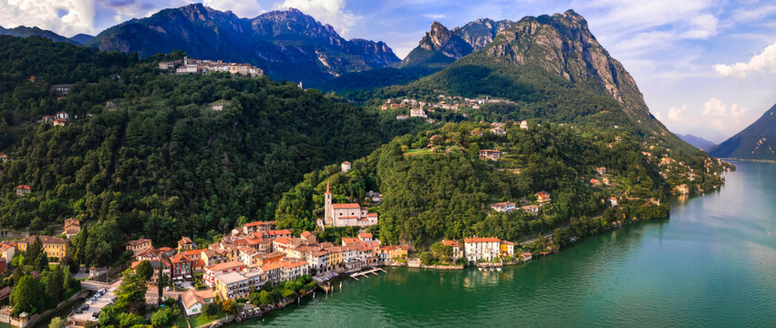 Italy,  most beautiful scenic villages near lake . Lago di Lugano, beautiful valley Valsolda and charming traditional village San Mamete. Border with Switzerland. aerial panoramic view