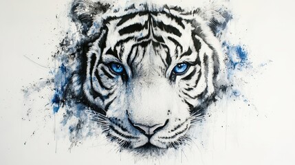 Watercolor of a majestic white tiger face with striking blue eyes and abstract splashes