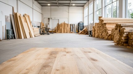 This expansive woodworking shop features bright, airy spaces filled with stacks of lumber, inviting creativity and skilled craftsmanship in a clean and organized workspace.
