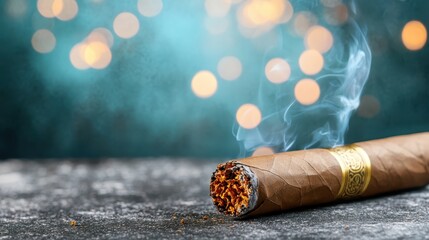 A beautifully rolled cigar emits delicate smoke, set against a blurred background of sparkling bokeh lights, heightening the sense of luxury and relaxation in the atmosphere.