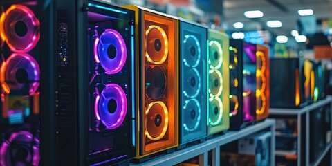 A row of colorful gaming PC cases on display in an electronics store, showcasing different styles