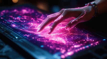 Futuristic hand interacting with a glowing holographic interface displaying vibrant data patterns