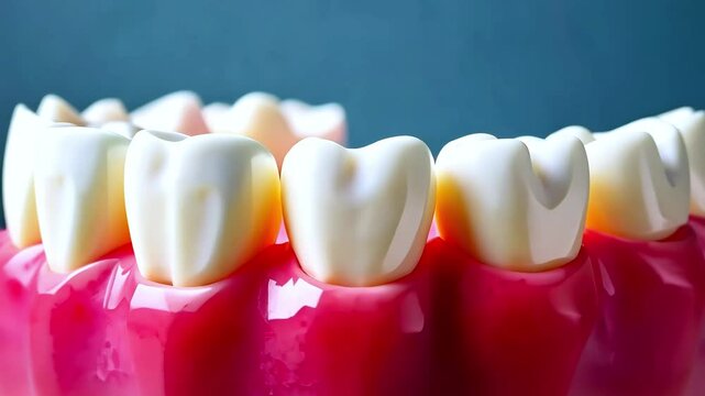 Medical denture, white teeth and gums, healthy teeth model. Concept of dentistry and medicine