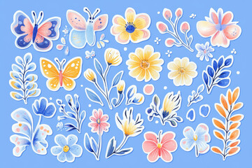 Playful doodles of spring flowers, bees, and clouds, in bright pastel colors and bold outlines, creating a joyful, whimsical vibe
