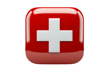 Red Square Icon with White Cross - Medical, First Aid, Swiss Flag Symbol