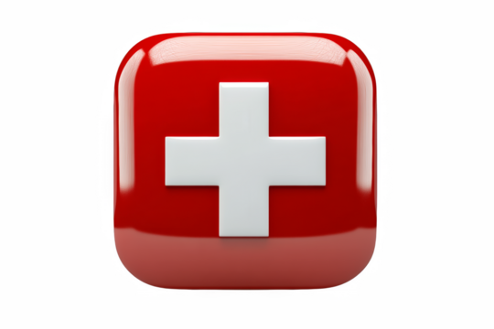 Red Square Icon with White Cross - Medical, First Aid, Swiss Flag Symbol