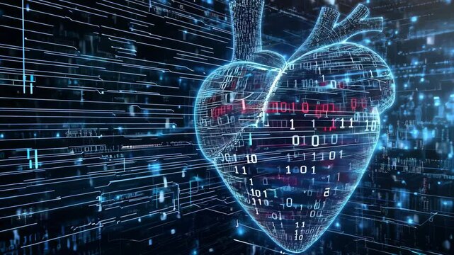 A glowing digital heart surrounded by flowing blue binary code, emphasizing the connection between technology and health - Powered by Adobe