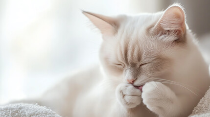 Obraz premium Himalayan Siamese cat licking its paw, softfocus background, minimal and elegant look