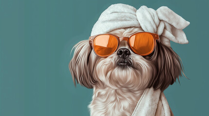 beauty salon for animals , dog in sunglasses wearing a towel after bath  , dog after washing in spa for dogs , on blue background