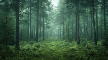 Obraz premium Misty forest pathway surrounded by tall evergreen trees in serene natural setting