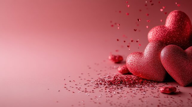 A collection of glimmering red hearts scattered across a softly colored background, conveying a sense of love, celebration, and joyful emotions perfect for any romantic occasion.