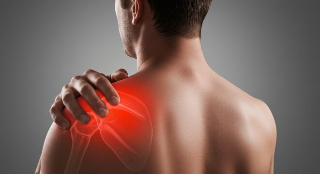 A person touching his left shoulder, with a red glow indicating pain, possibly due to muscle strain or rotator cuff injury.
