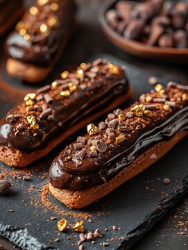 Close-up of dark chocolate eclairs covered in a glossy ganache, sprinkled with cocoa nibs and gold dust. 