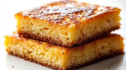 Stacked squares of golden fluffy cake topped with powdered sugar for a delicious dessert. Generative AI