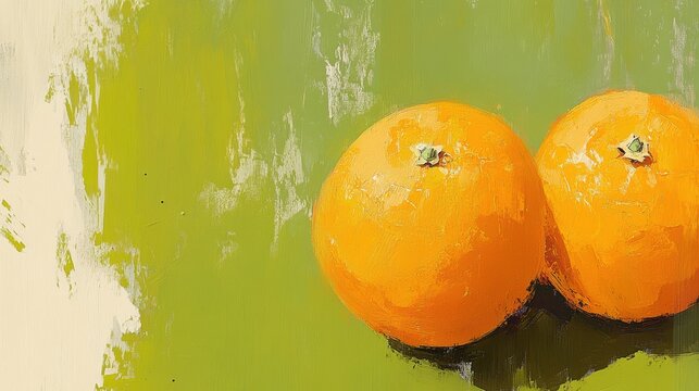 Two bright oranges on textured green background in impressionist style painting