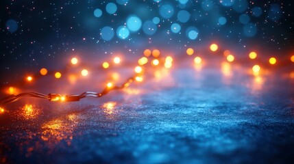 Twinkling fairy lights on a reflective surface, creating a magical atmosphere with bokeh
