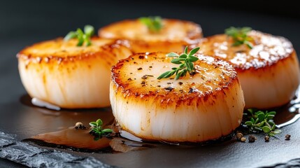 A visually stunning arrangement of plated scallops, highlighted with fresh herbs, presenting a luxurious culinary experience that tantalizes the senses.