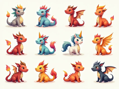 Colecci&oacute;n de iconos de animales de fantas&iacute;a que incluyen dragones y unicornios aislados sobre fondo claro
