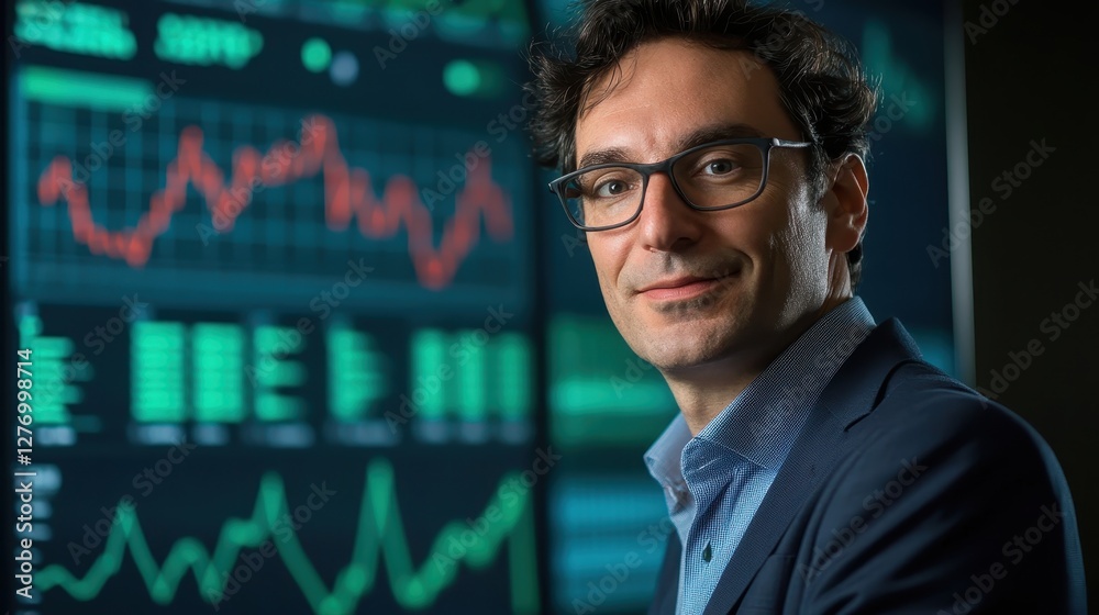 Poster financial analyst reviewing stock market data in modern office environment with digital screens disp