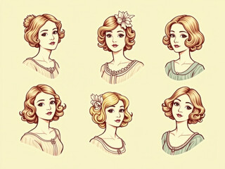 Iconos ilustrados de mujeres vintage sobre fondo claro

