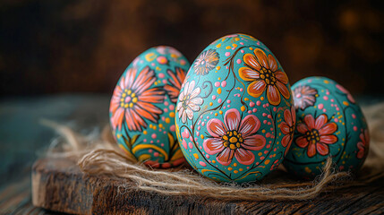 Hand-painted Easter eggs with floral patterns on rustic wooden table, cozy home setting with warm diffused lighting, artistic and charming