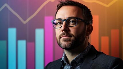 Financial analyst reviewing stock market data in modern office environment with digital screens displaying market trends