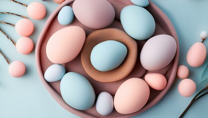 Flat lay tem&aacute;tico de P&aacute;scoa com cores past&eacute;is suaves