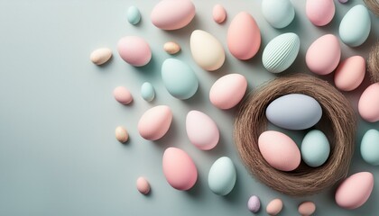 Flat lay temático de Páscoa com cores pastéis suaves